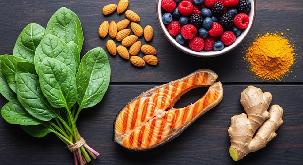 A vibrant, aesthetically pleasing flat-lay of colorful, fresh anti-inflammatory foods like salmon, berries, green leafy vegetables, turmeric, and ginger.
