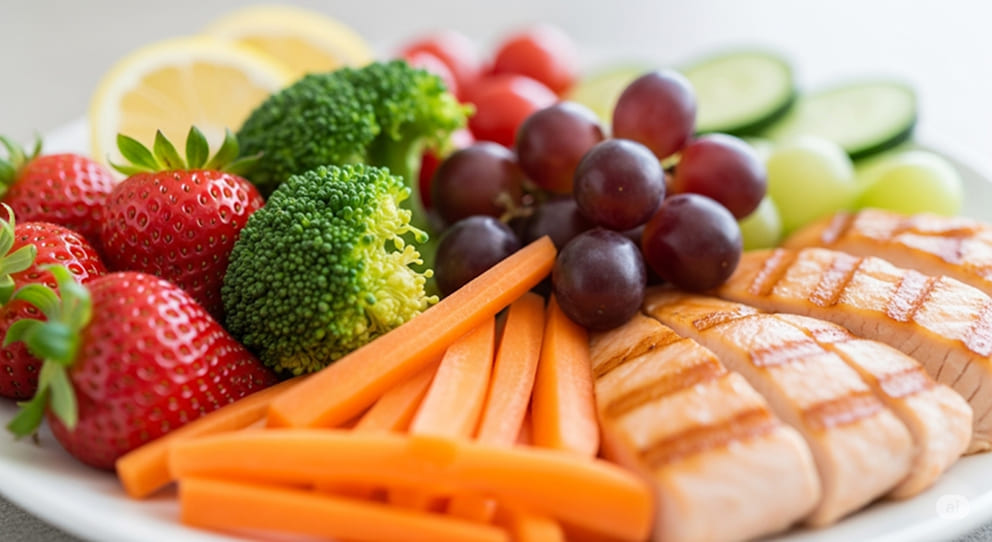 A plate with colorful and balanced food.