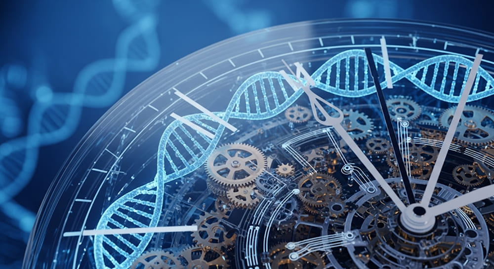 A close-up shot of an abstract, futuristic clock face with gears and glowing circuits, subtly integrated with human DNA strands, symbolizing biological time.
