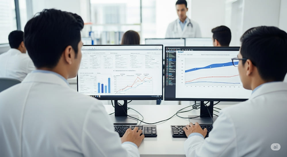 Two researchers in lab coats analyze data on computer monitors, with other professionals working in the background.