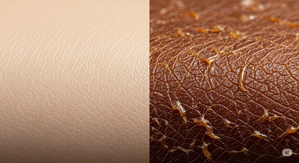 A photorealistic image of a wrinkled, aged piece of leather next to a fresh, supple piece, symbolizing the effects of glycation on skin and tissues.