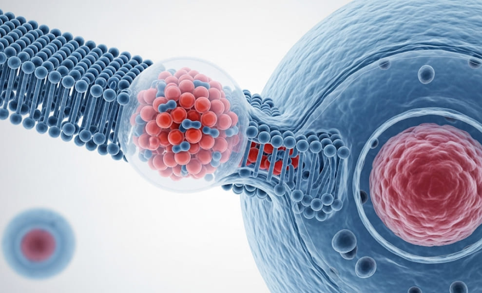 A scientific diagram illustrating two liposomes fusing to a cell membrane, with labels for "Liposome" and "Fusion".