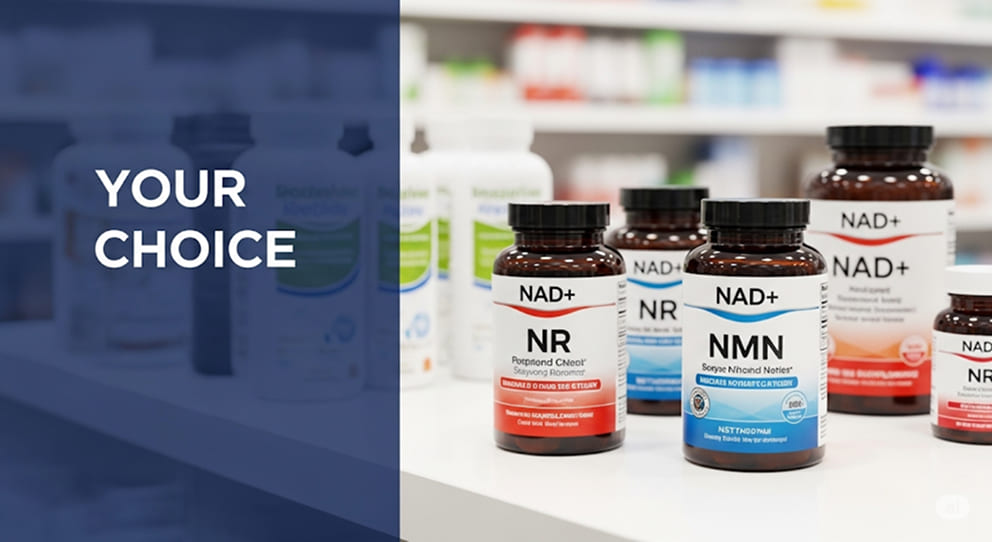 A selection of NAD+ supplements, specifically NR and NMN.