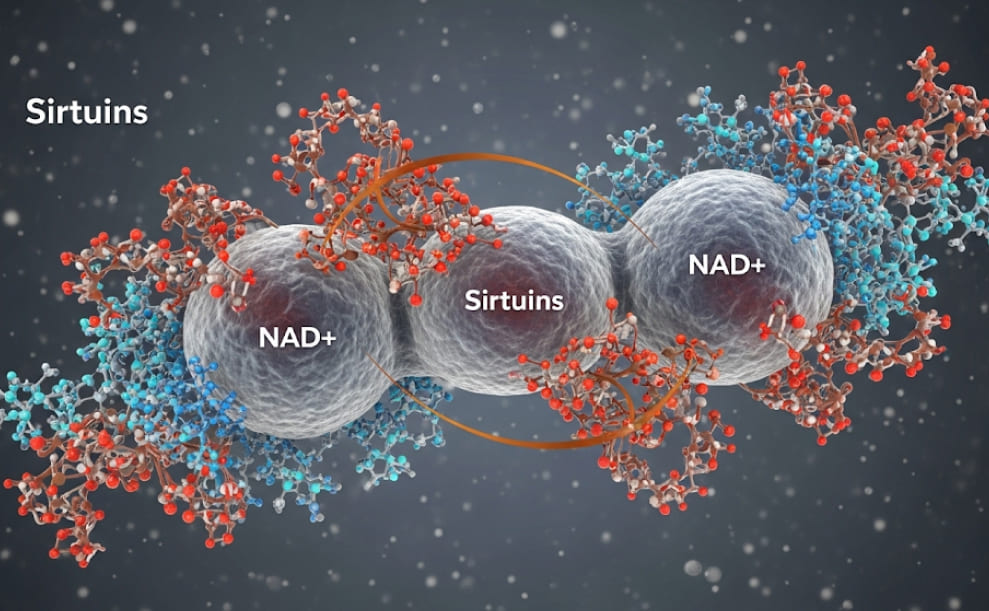 Sirtuins being activated by NAD+ and influencing aging processes.