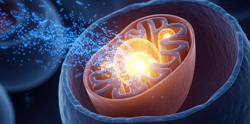 A detailed, photorealistic depiction of a mitochondrion, the powerhouse of the cell, glowing brightly with internal energy. Streams of tiny, luminous NAD+ molecules are shown flowing into it, fueling the energy production process (ATP). The surrounding cellular environment is slightly darker, emphasizing the mitochondrion's central role.