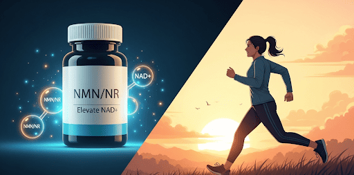A split-screen image showing two approaches to boosting NAD+. On one side, a stylized pill bottle with glowing NMN/NR molecules represents supplementation. On the other side, an energetic figure is shown running, symbolizing exercise, with a sun rising behind them, representing healthy habits.