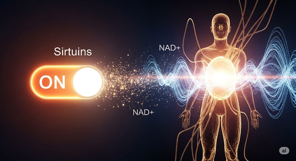 A glow-in-the-dark toggle switch labeled "Sirtuins" in the "ON" position, emitting light and particles labeled "NAD+" towards a glowing human silhouette, symbolizing activation for longevity.