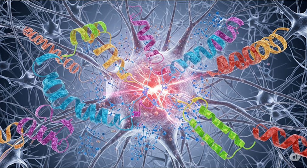 A stylized representation of amino acid chains interacting within a neuronal environment.