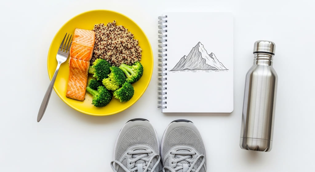 A flat lay composition showing elements of a healthy lifestyle: a balanced meal, a notebook, a pair of running shoes, and a simple water bottle, symbolizing holistic well-being.