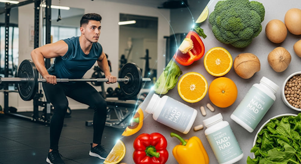 Split image showing a person exercising (running) on one side and healthy food/supplement bottles on the other, representing ways to boost NAD+.