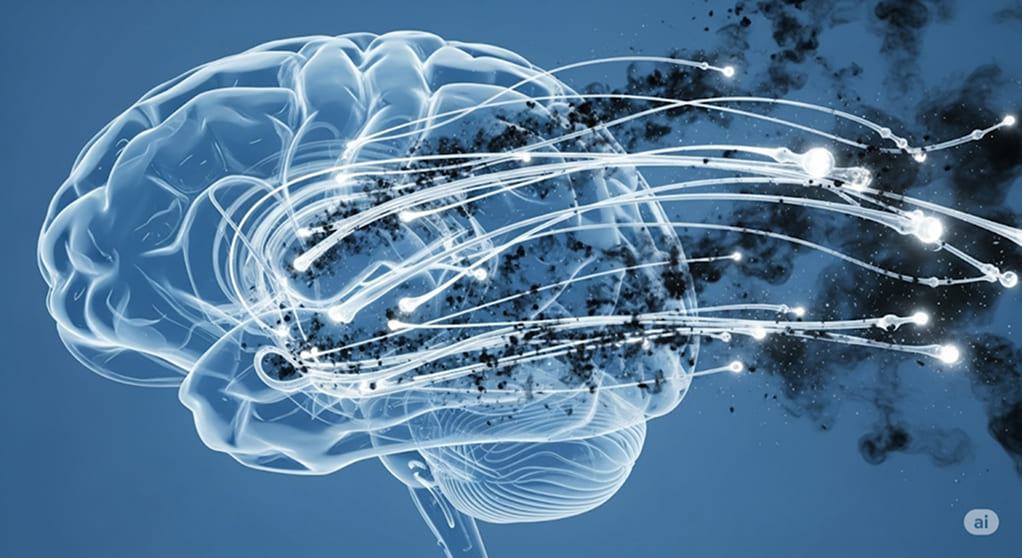 A translucent blue 3D render of a human brain with bright white lines and glowing dots emanating from various parts, trailing off into dark, smoky particles.