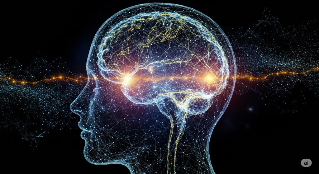 A transparent outline of a human head in profile, revealing a glowing, intricate network of orange and blue lines and dots representing brain activity and connections. A bright horizontal line of energy spans across the brain.