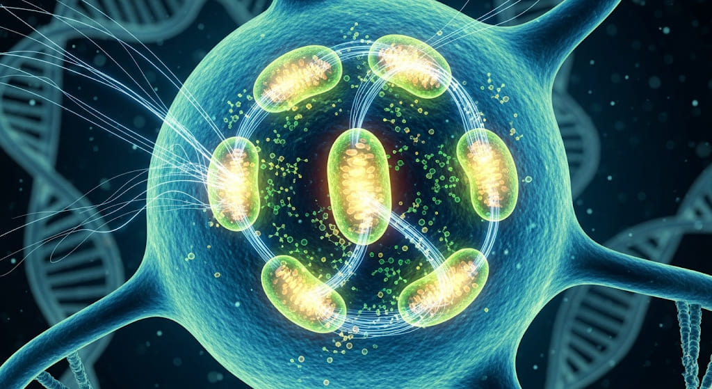 A high-resolution microscopic view of a vibrant cell, with glowing, bean-shaped mitochondria emitting light, and subtle spiraling DNA strands in the background.