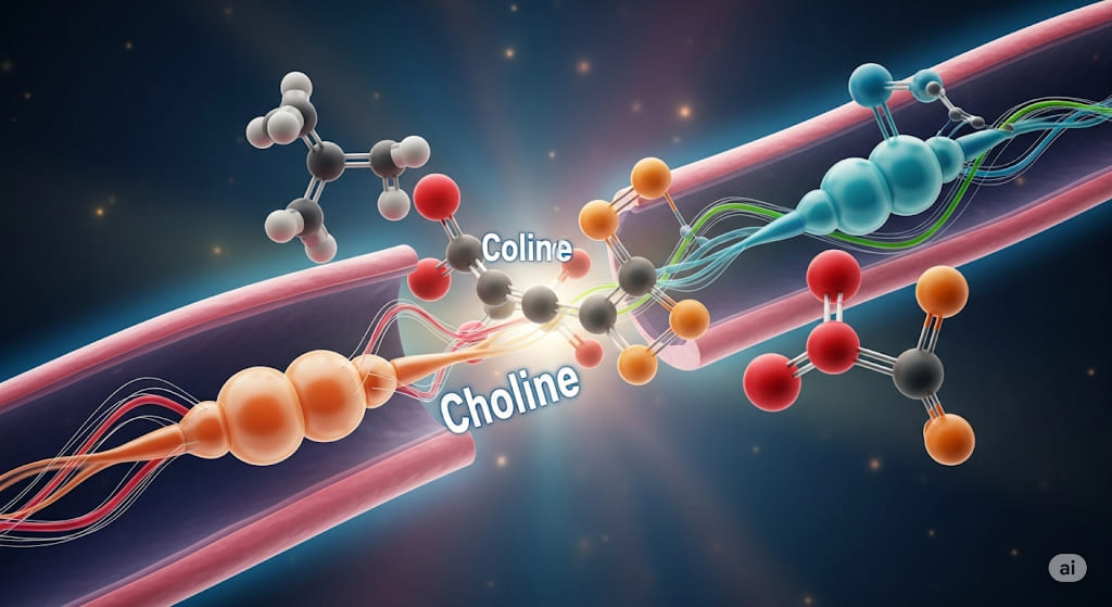 A stylized representation of choline molecules mingling with neurotransmitters in a synaptic cleft.