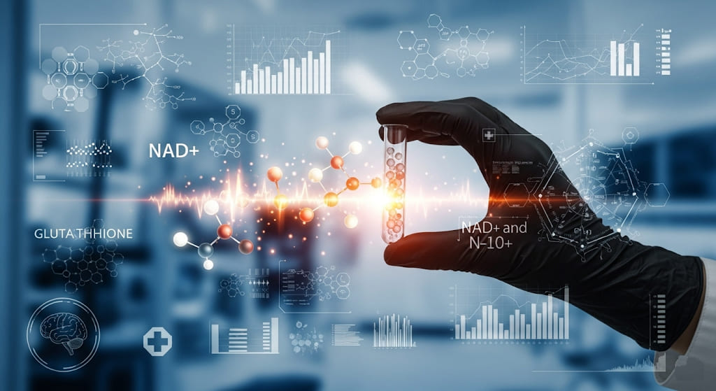 Stylized hand in a lab holding a glowing test tube with glutathione and NAD+ molecules, surrounded by medical data and research symbols.