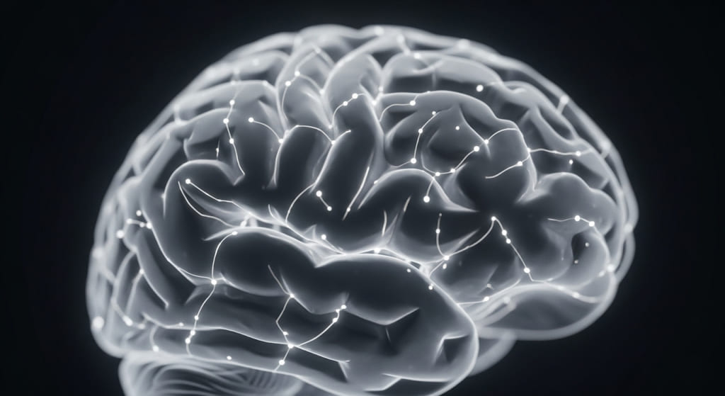 Abstract visual of interconnected glowing lines and dots forming a complex network, representing the brain's neural pathways being optimized and structured.