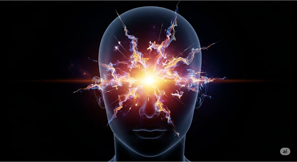 A silhouette of a human head facing forward against a black background, with a powerful, bright, starburst-like explosion of light and color emanating from the forehead/brain area.