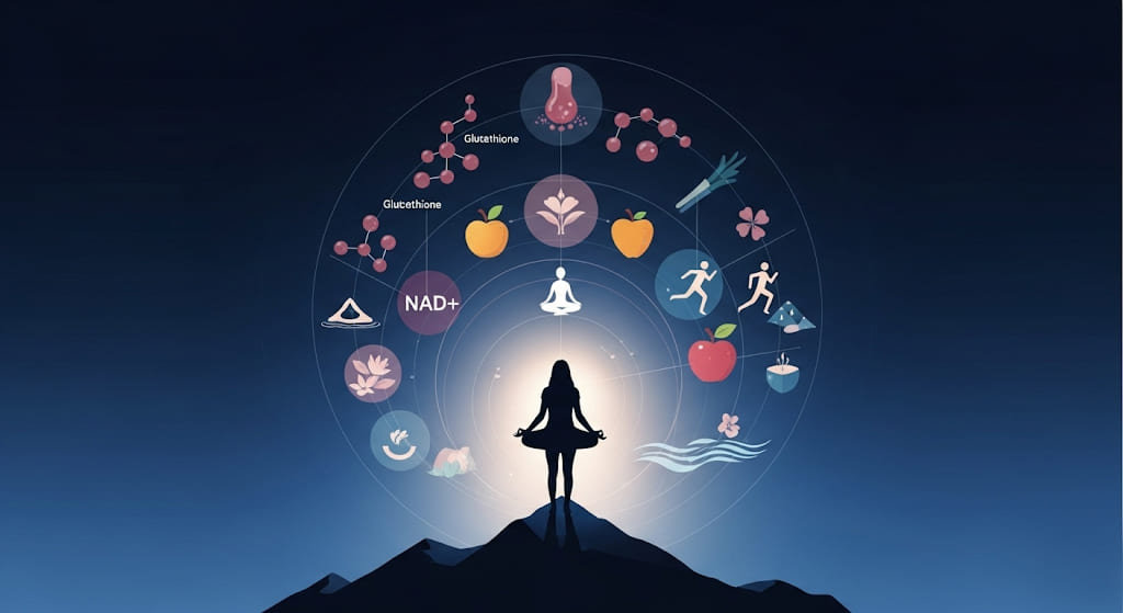 Silhouette of a person meditating on a mountain, surrounded by harmonious symbols of glutathione, NAD+, healthy lifestyle, and well-being.