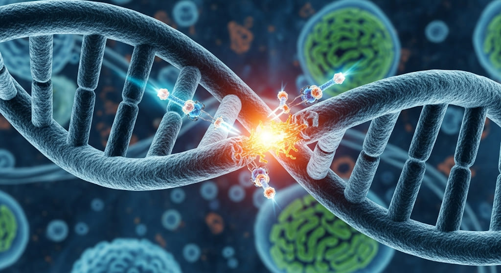 Microscopic view of DNA strands being repaired by glowing molecular mechanisms.