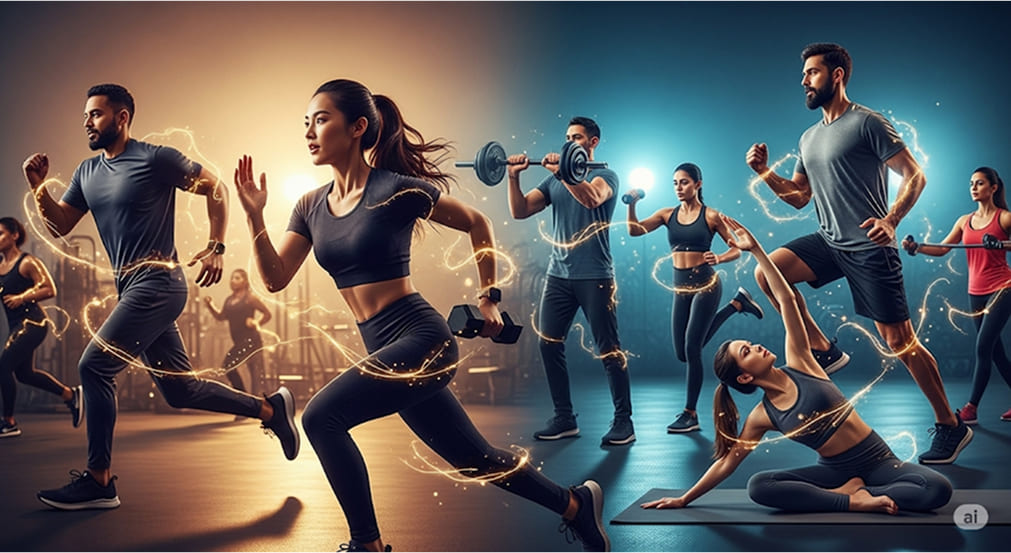 Multiple individuals engaged in various physical activities: running, lifting weights, and doing yoga, with glowing golden energy lines highlighting their movements against a split background of warm and cool tones.