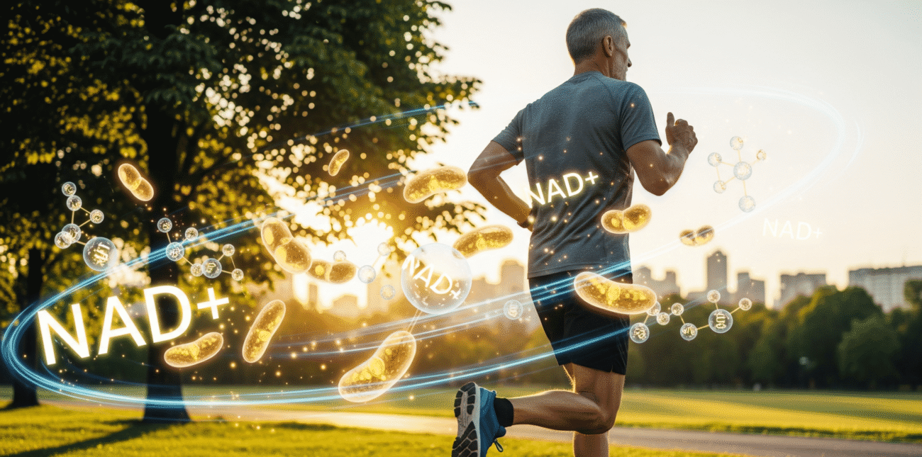 Person jogging with visual representation of increased NAD+ production.