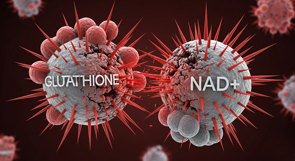 Microscopic view of a cell protected by a glowing glutathione shield, repelling red toxins.
