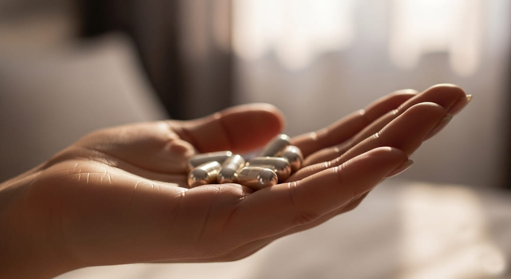 A hand holding several silver-colored supplement capsules.
