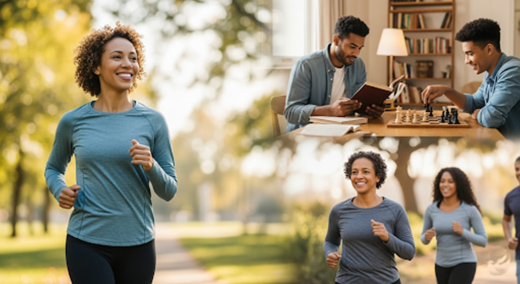 A person thriving in various healthy activities: smiling while jogging, reading, and looking energetic, representing the benefits of optimal NAD+.