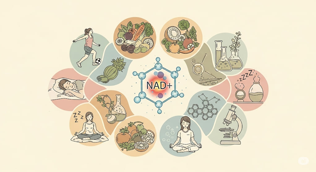 A circular infographic with a central NAD+ molecule surrounded by icons representing various health aspects: exercise, healthy food, sleep, meditation, and scientific research elements like flasks and a microscope.