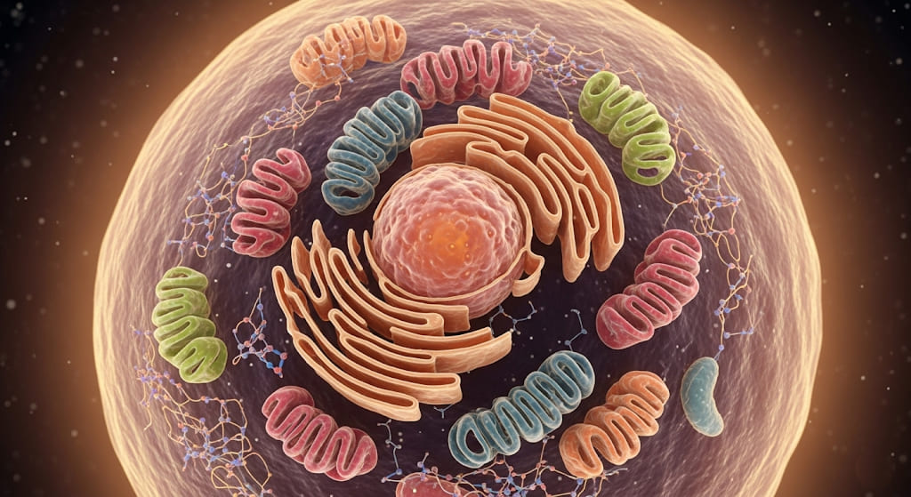 A complex, glowing representation of a cell embodying overall health and balance