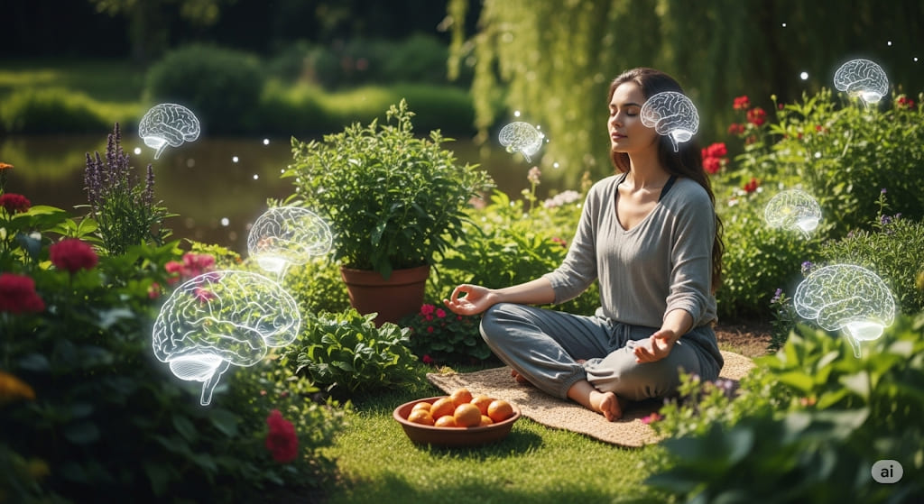A serene scene depicting a person meditating, surrounded by elements of healthy living and subtle glowing brain outlines.