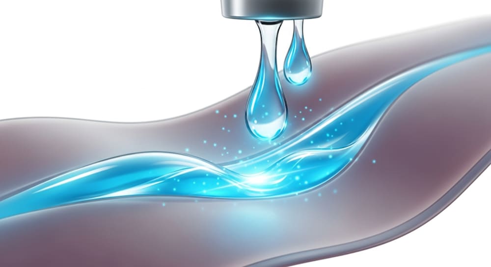 A stylized illustration of a liquid dropping into a vein, creating a bright blue, glowing wave that flows through the vessel.