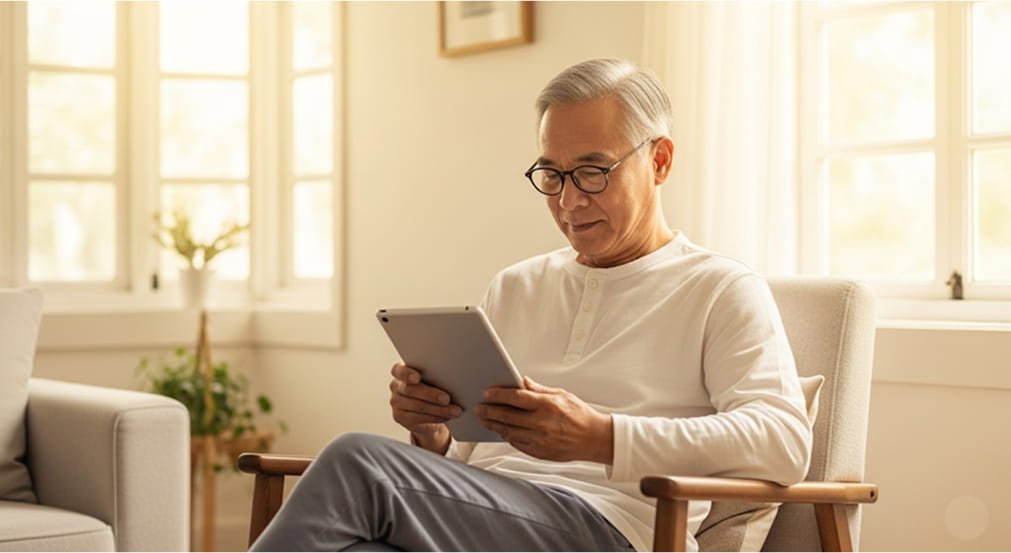 An older adult reading a book or tablet with a focused, serene expression in a comfortable, bright home environment, symbolizing maintained cognitive vitality.