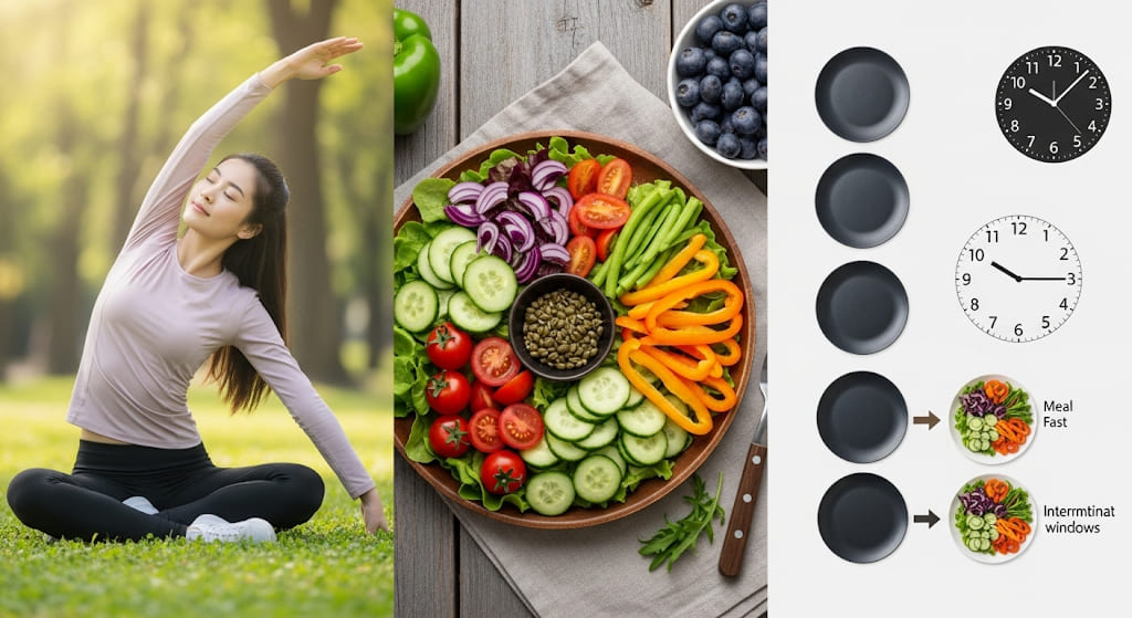 A composite image showing elements of exercise, healthy eating, and intermittent fasting.
