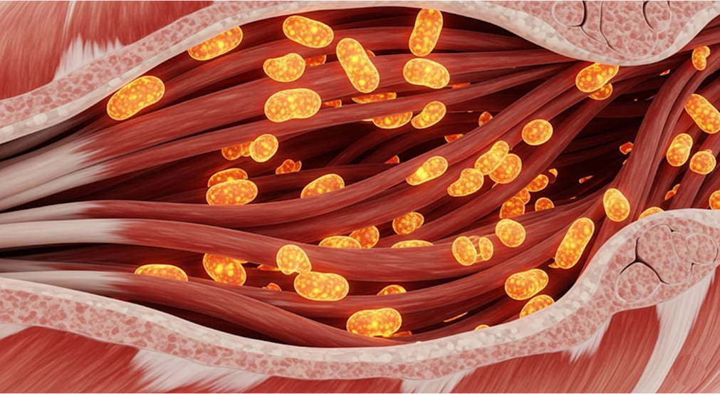 Cross-section of healthy muscle tissue with vibrant, active mitochondria.