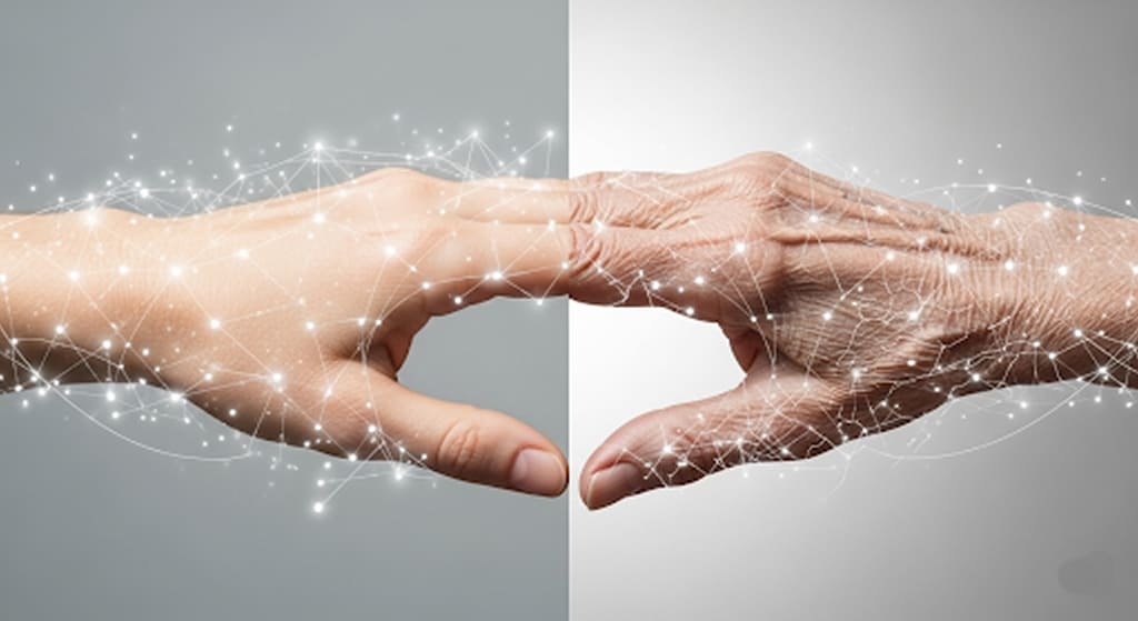 Two contrasting images of a human hand, one youthful and smooth, the other aged with visible wrinkles, subtly connected by fading energy lines, illustrating NAD+ decline.