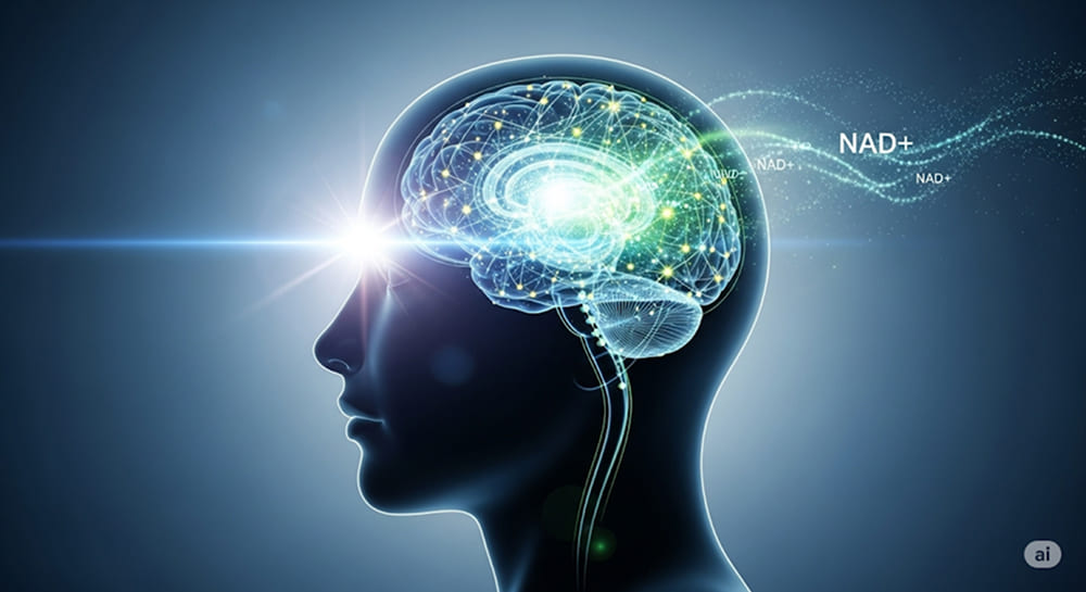 A profile silhouette of a human head with a glowing, intricate brain network inside, receiving a stream of light and NAD+ molecules from outside.