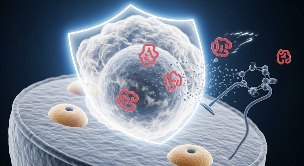 Stylized mitochondrion emitting light and energy, with an NAD+ symbol indicating energy production.