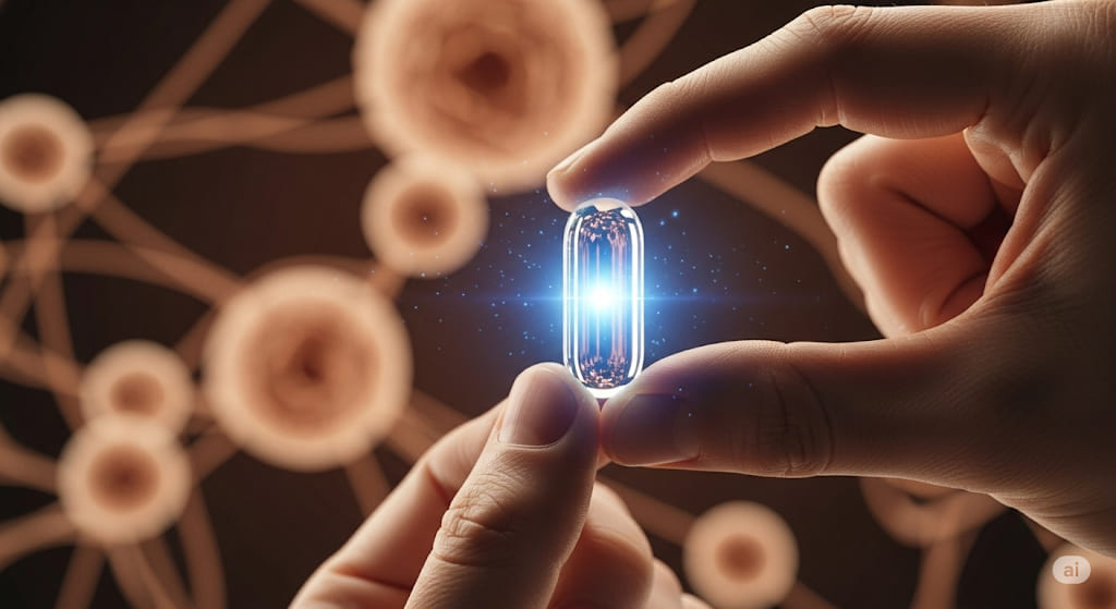 Two hands delicately holding a glowing, clear capsule with a bright blue light emanating from its center, against a blurred background of circular cellular structures.