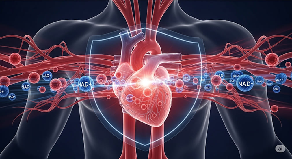 A 3D render of a human heart surrounded by a glowing shield, with arteries and veins extending, and NAD+ molecules (blue and red) circulating.