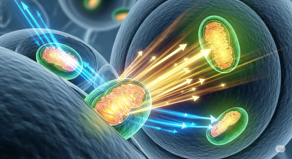 Close-up 3D rendering of multiple mitochondria within cells, emitting bright orange and blue energy beams, symbolizing ATP production powered by NAD+.