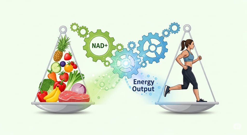An illustration of a balanced scale with healthy foods on one side and a woman running on the other, connected by gears labeled NAD+ and Energy Output.