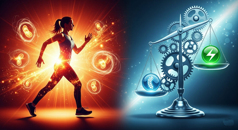 Composite image showing a glowing silhouette of a person running with swirling energy (youthful vitality) on the left, and balanced gears or a scale (metabolic health) on the right.