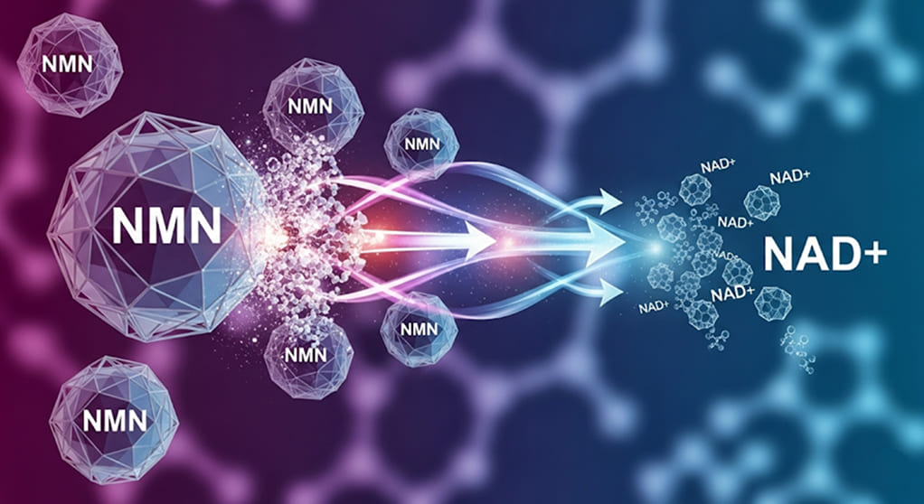Abstract representation of larger NMN molecules transforming into smaller, more numerous NAD+ structures, with light bursts and arrows indicating the conversion.