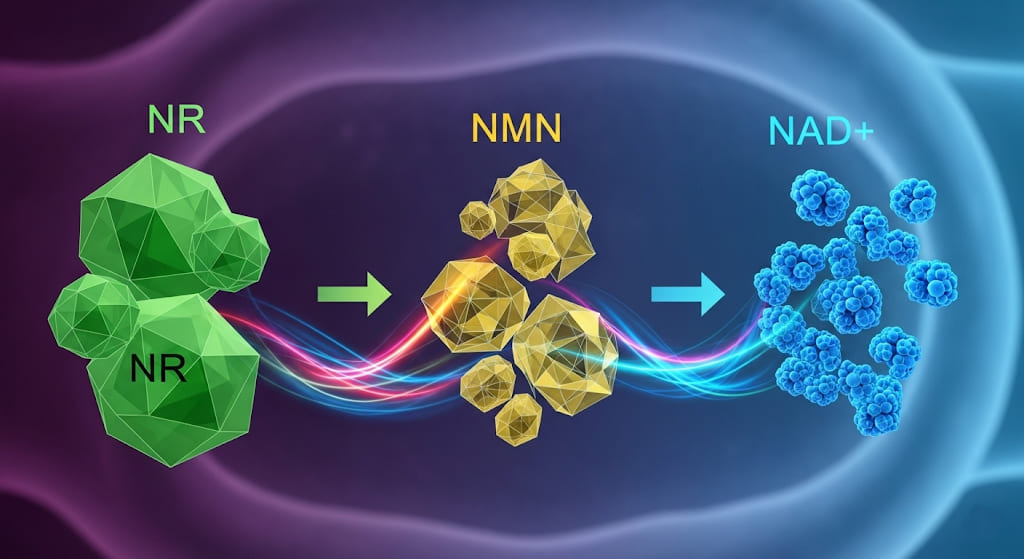 Abstract depiction of NR molecules converting to NMN, then NMN to NAD+, with color shifts (green to yellow to blue) and arrows marking each stage.