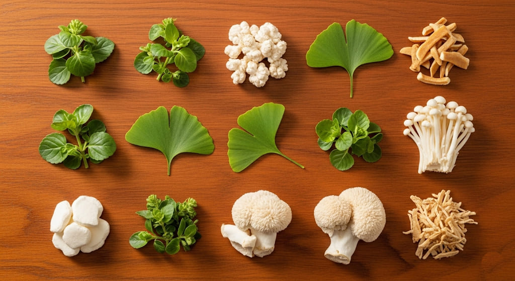A collection of natural ingredients known for nootropic properties, such as Bacopa monnieri leaves, Ginkgo Biloba leaves, and Lion's Mane mushrooms, arranged aesthetically on a wooden surface.