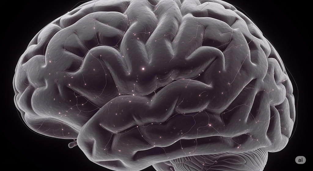 A detailed, dark grey 3D rendering of a human brain with numerous small, glowing pink dots connected by faint lines, illustrating neural pathways.