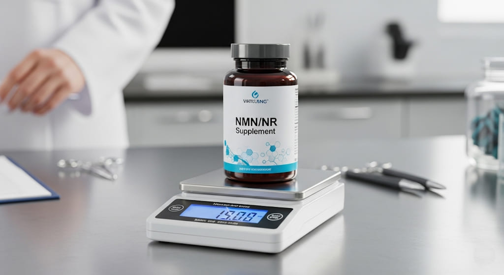 A generic NMN/NR supplement bottle resting on a digital scale displaying a clear reading, set in a subtly blurred laboratory background.