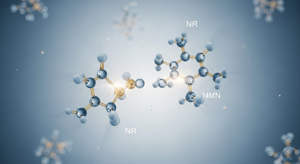 Molecular structures of NAD+ precursors (NR/NMN) gently dissolving into a cellular fluid.
