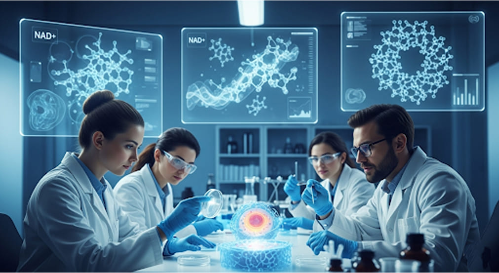 Scientists in a modern lab setting examining glowing cellular models and data on screens, symbolizing ongoing NAD+ research and discoveries.